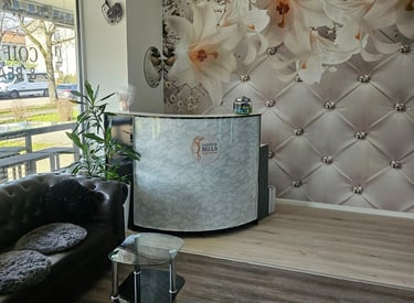 a reception area with a reception table and a reception table