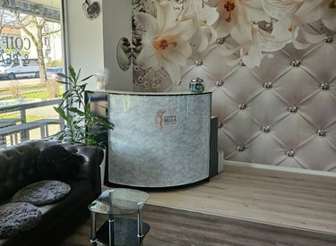 a reception area with a reception table and a reception table