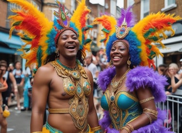 A vibrant street scene from Notting Hill Carnival with colorful costumes, lively music, and joyful dancers.