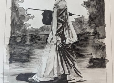 Katherine Hepburn walking in character on set, rendered in water graphites on paper by Kathy LaFollett.