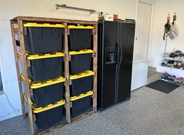 8 unit garage shelf next to refridgerator