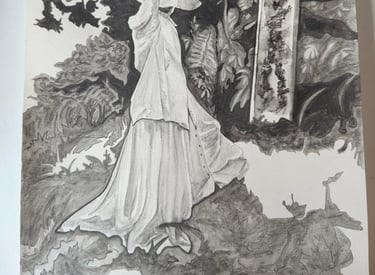 Sketch of Katherine Hepburn on set rendered in water graphites on paper by Kathy LaFollett.