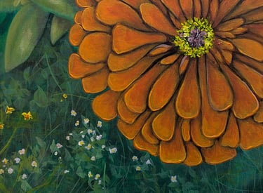 A hot summer's day of zinnia, fan-pedal, and creeping phlox flowers in Windsor & Newton acrylics on linen by Kathy LaFollett.