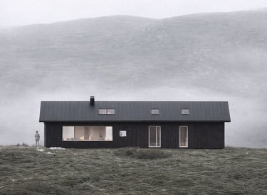 Visualisering av moderne trebolig designet av Trearkitekter AS