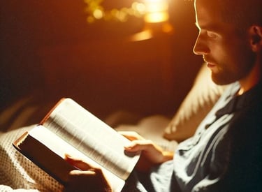 The boy attentively reads the Bible
