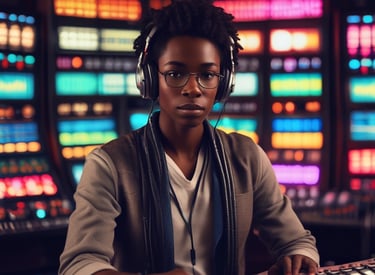 a man and woman in headphones are sitting at a recording studio