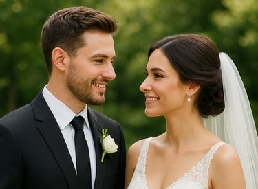 A newly married couple smiling together at their wedding.