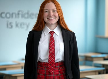 a woman in a red skirt and a black jacket