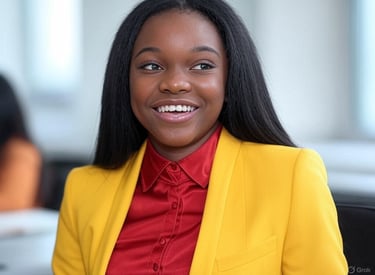 a woman in a yellow jacket and red shirt
