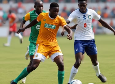 A lively football match with players in action on a sunny field