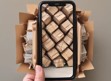 Three blue recycling bins are positioned on a sidewalk against a building with closed metal shutters. The bins display a yellow 'M' logo and the one on the far right is overfilled with cardboard boxes.