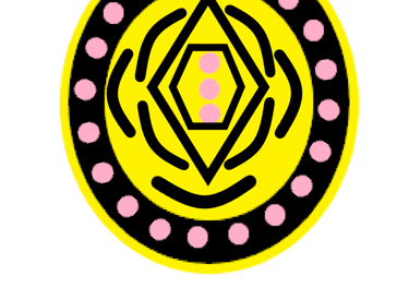 a yellow and black circular chakra design with a yellow and pink flower