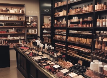 A small local store situated in a brick building with a striped blue and white awning. The storefront displays various items in the window. An old-fashioned telephone booth stands to the left, painted green. Several chairs and miscellaneous objects like traffic cones and cleaning supplies are placed outside.