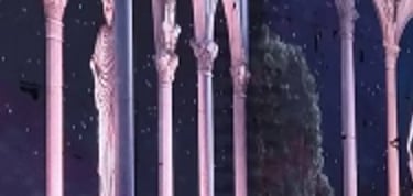 a large led screen of a roman architecture and statues in the middle of a room