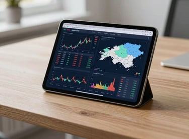 Clean photography of a tablet displaying complex financial charts and Estonian economic maps, placed on a light oak wood table in a minimalist Northern European office, soft daylight filtering through a window.