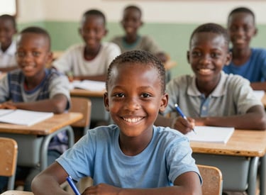 Children smiling while receiving school supplies in a bright classroom.