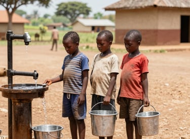 A group of community members gathered around a clean water well.