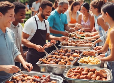 Decorated catering station with smoked brown wood surfaces, black iron accents, and glowing red lanterns.