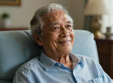 A close-up photography shot of an elderly person smiling gently, resting comfortably in a soft chair with light blue upholstery in a sun-drenched, elegant living room in Mauritius.