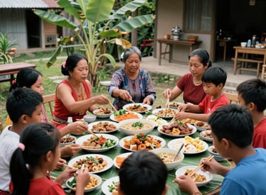 Community members sharing a meal together outdoors, radiating warmth.