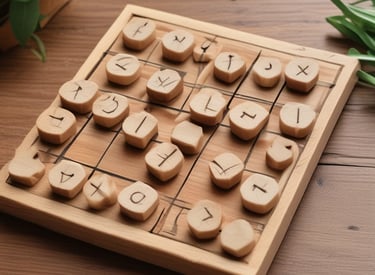 A family gathered around the table playing the wooden parcheesi set, sunlight casting warm shadows.