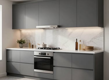 Modern kitchen installation with sleek cabinetry and ambient lighting in a cozy home setting.