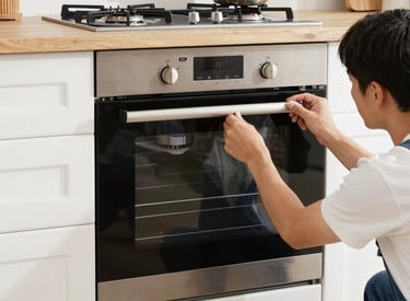 Close-up of a technician connecting kitchen appliances with precision and care.