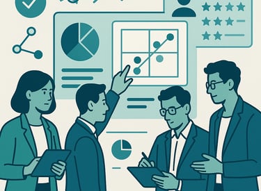 Professional business team analyzing data charts and marketing metrics on a digital dashboard.