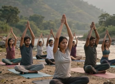 Adults engaged in a serene sound bath session surrounded by natural elements.