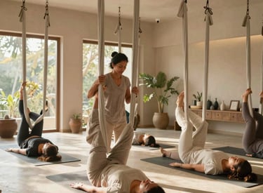 Children and youth practicing yoga and classical dance in a bright, welcoming studio.