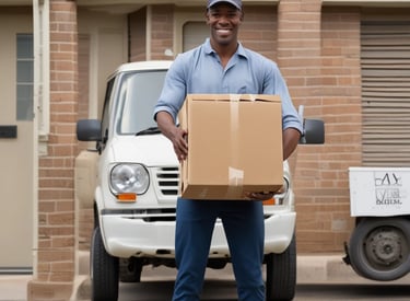 A courier handing over a package to a smiling customer at a garden village doorstep.