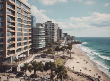Real estate agent discussing apartment options with clients against a backdrop of Lima's coastal skyline.