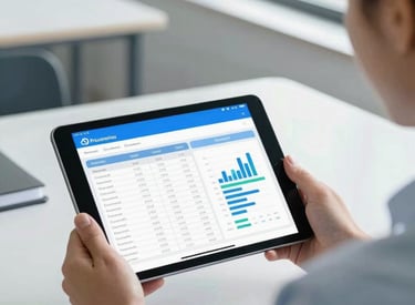 Over-the-shoulder shot of a school administrator in a bright office reviewing student attendance records on a tablet, displaying a clean blue-and-white dashboard interface with graphs. Bright natural daylight with a slight cool blue tint.