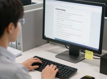 A focused virtual assistant working on multiple screens in a clean, bright workspace.