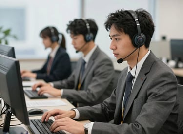 A professional remote support agent engaging with a customer via headset in a modern office.