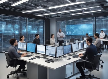 A team collaborating over cloud migration plans with laptops and diagrams.