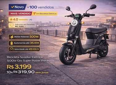 Black GTS Super Power 500W electric scooter bicycle parked on a city pier at sunset.