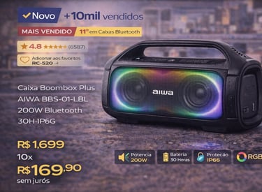 Aiwa BBS-01-LBL Boombox Plus bluetooth speaker with RGB lighting and 200W power on a textured surface.