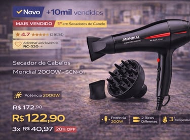 Black Mondial Power Shine 2000W hair dryer with diffuser and nozzle attachments on sale.