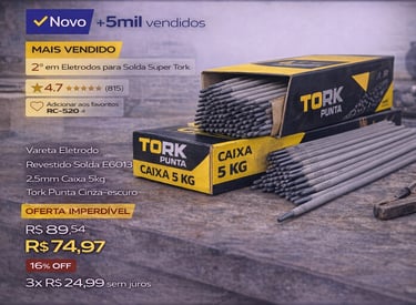 Eletrodo Revestido Tork Punta E6013 de 2,5mm em caixa de 5kg para soldagem profissional.