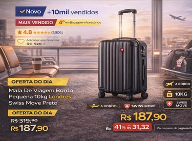 Mala de viagem de bordo Swiss Move preta 10kg modelo Londres em oferta promocional no aeroporto.