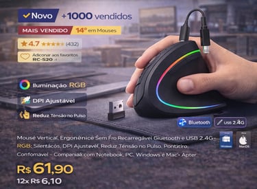 Mouse vertical ergonômico preto com iluminação RGB e conexão Bluetooth para PC e notebook.