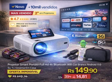 Projetor smart portátil branco Full HD 4K com Android 11, Wi-Fi 5G e Bluetooth para cinema em casa.