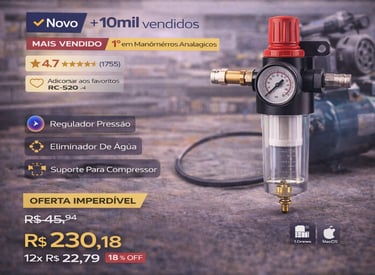 Regulador de pressão e filtro de ar para compressor com manômetro analógico e eliminador de água.