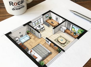 A 2D floor plan for a modern small house featuring two bedrooms, a living room, and a coffee mug.