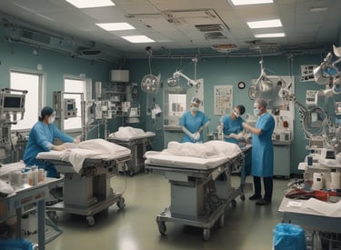 Robotic arm organizing medical supplies in a busy hospital ward.
