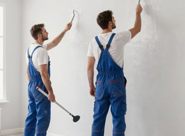A skilled construction team working together on an interior renovation project in a modern apartment.