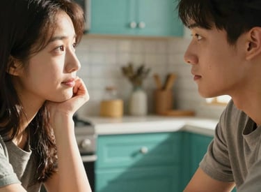 Close-up of two people in a North American kitchen setting, sitting across from each other, engaged in a focused and empathetic conversation, warm morning sunlight and teal decor details.