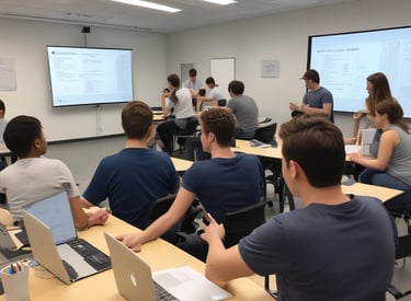 A focused group of employees participating in an interactive AI training session with a certified instructor.