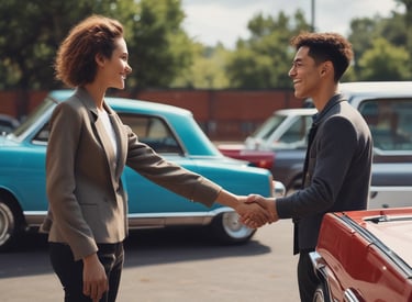 A notary public signing documents at a client's kitchen table with a friendly smile.
